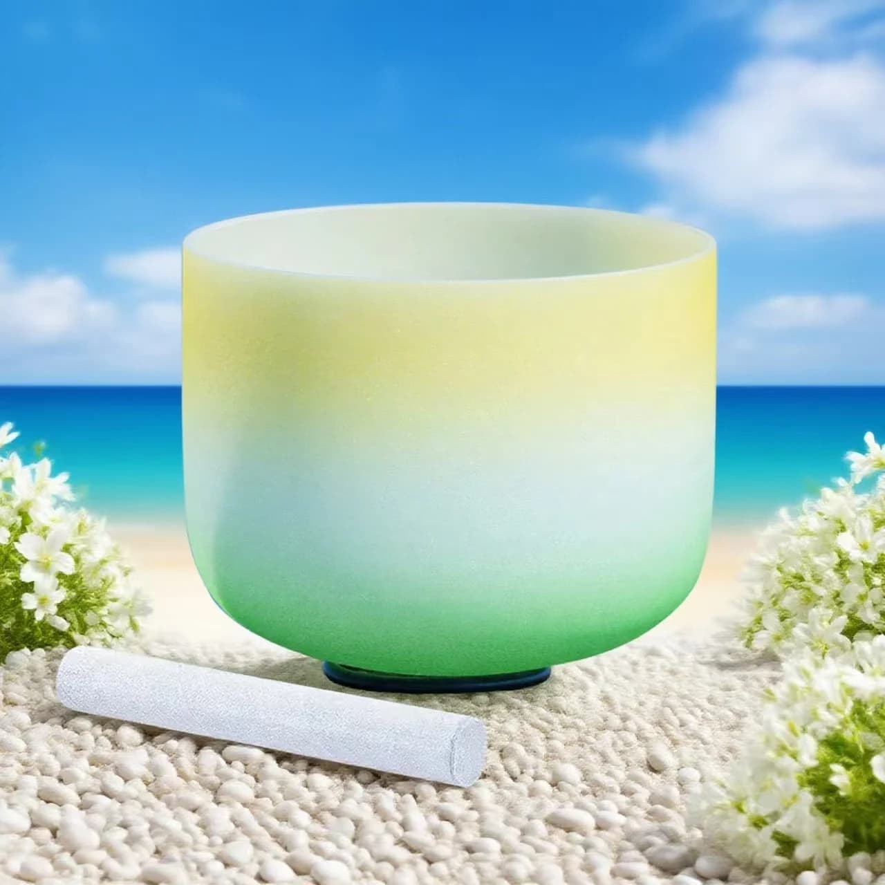 Hye-eun 8 inch 432hz/440hz Yellow Green Chakra Frosted Quartz Crystal Singing Bowl for Yoga Meditation Sound Healing