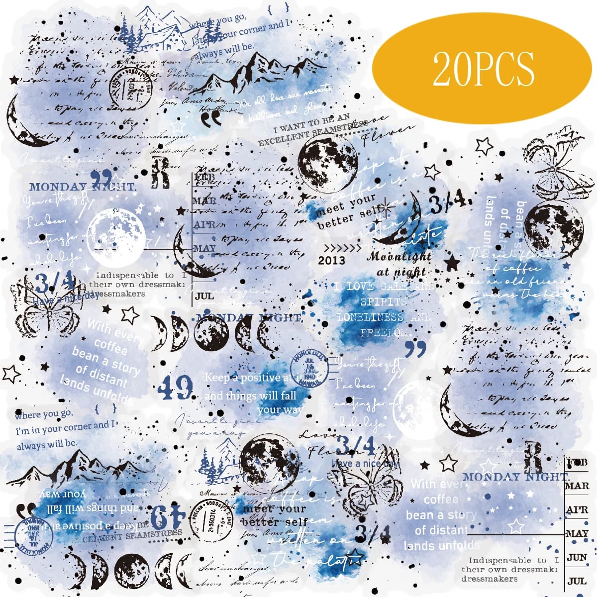 Etori Life Mountain Moon Light Dye 20 pezzi Adesivi effetto inchiostro notte stellata disegnati a mano, Materiali per journaling dall'atmosfera suggestiva per laptop, adesivi per telefoni, valigie, accessori per decorazioni d'ufficio, forniture per scrapbooking fatte a mano, artigianato fai da te, sacchetti regalo per studenti, creazione di biglietti, adesivi per cancelleria per bambini, decalcomanie per ciclismo