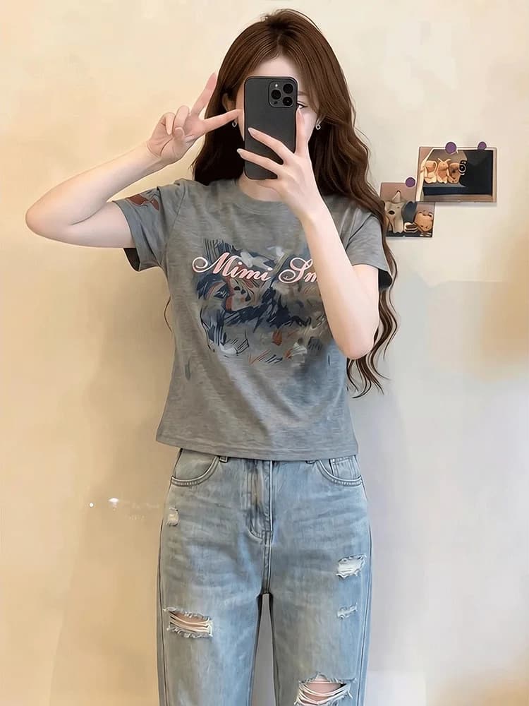 American Style Short Sleeve T-Shirt Women's Slim Fit Printed Summer Top High Waist Breathable Casual Fashion Creative Pattern