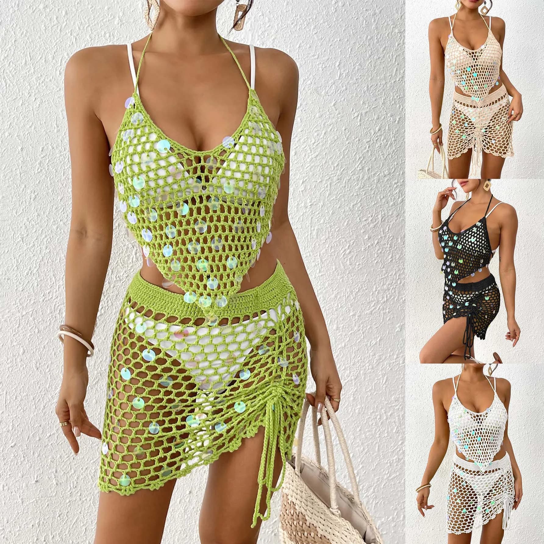 Hollow Out Crochet Two-Piece Cover-Ups Skirts for Women No Include Bikini Swimwear Set Sequin Splicing Vacation Beach Sets