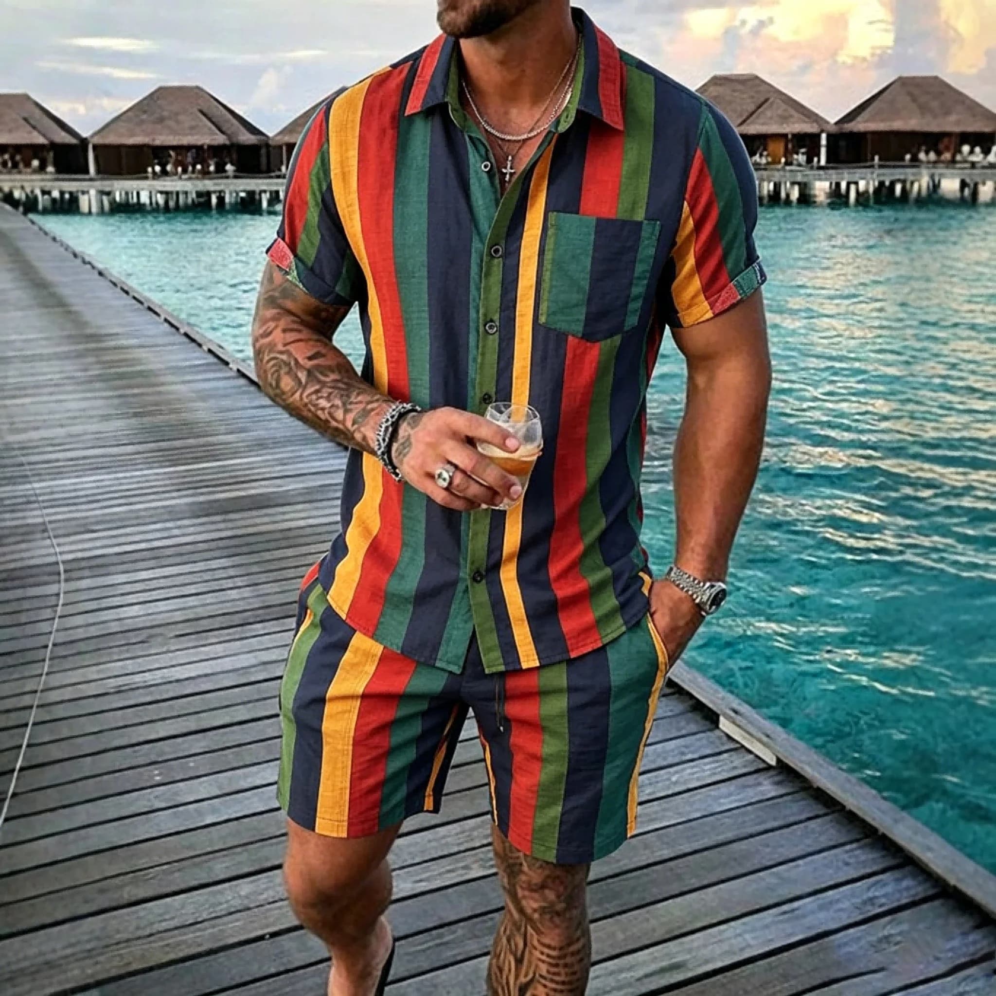 Completo Estivo da Uomo 2 Pezzi, Camicia Hawaiana a Righe Colorate a Maniche Corte + Pantaloncini da Spiaggia con Coulisse, Outfit Casual per Vacanze