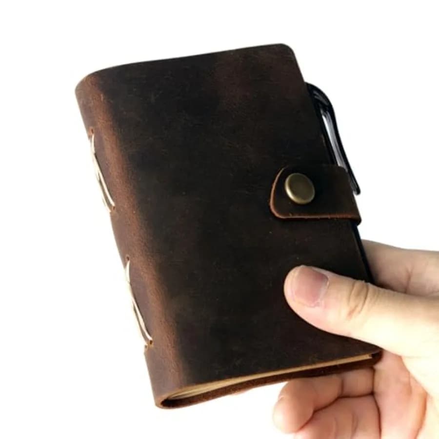 Pocket Notebook with Pen, Genuine Leather Journal Mini Notebook Small Unlined Notepad for Women Men Dark Brown