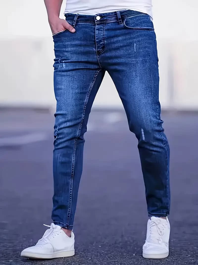 Jeans Slim Fit Elasticizzati da Uomo con Dettagli Strappati e Cuciture a Contrasto, Pantaloni Casual Streetwear alla Moda per Uso Quotidiano