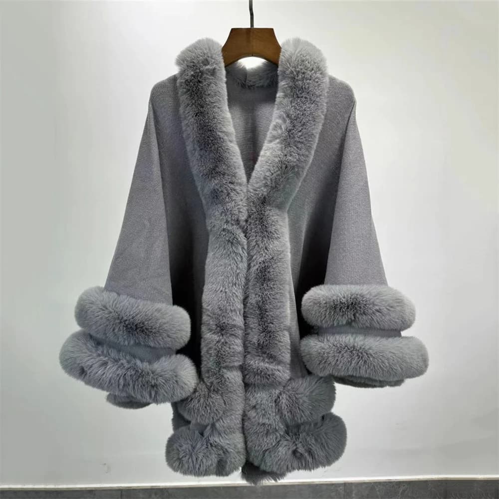 Mantelle poncho in cashmere caldo e spesso da donna, collo in pelliccia sintetica a 2 cerchi, grande scialle a pendolo, mantello ampio soprabito, inverno