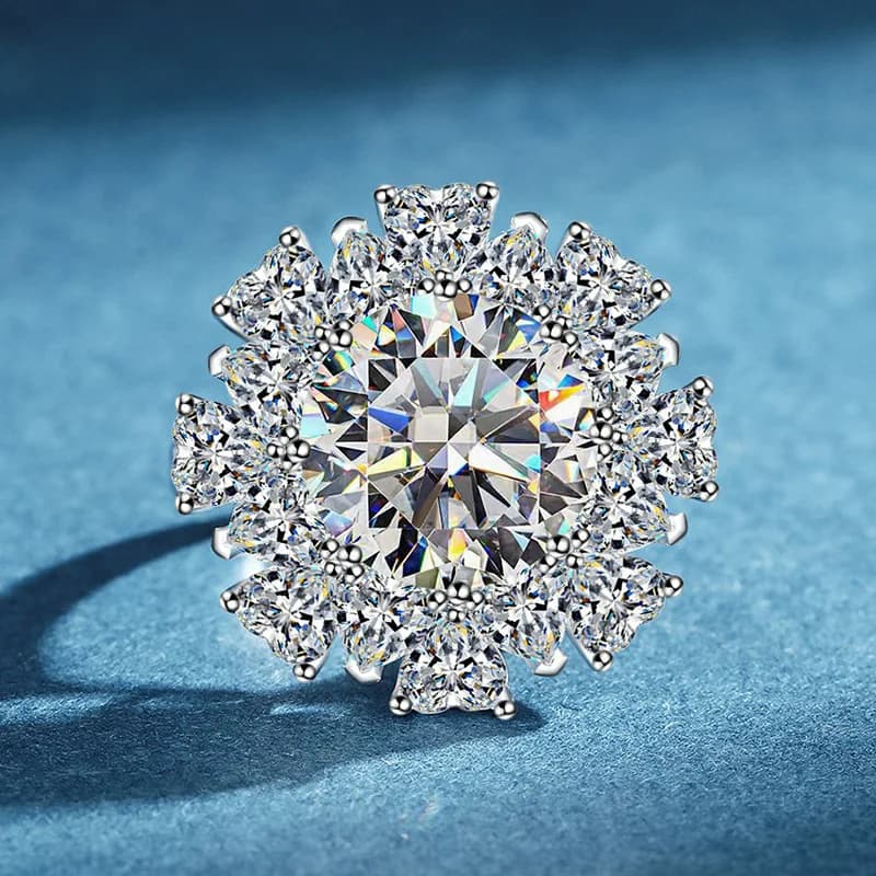 Elegant Women's Ring with Moissanite from 5 Carats in Platinum PT950 - Design Exquisite Snowflake and Sunflower, Lightweight Luxury Choice