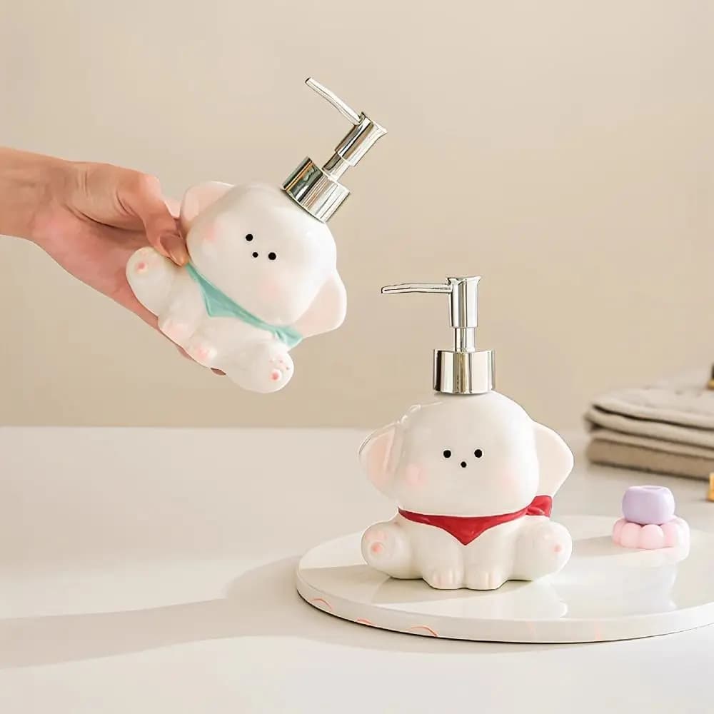 Dispenser di Sapone Liquido in Ceramica a Forma di Cane, Bottiglia Vuota Carina per Gel Doccia e Shampoo, con Pompa a Pressione, per Bagno