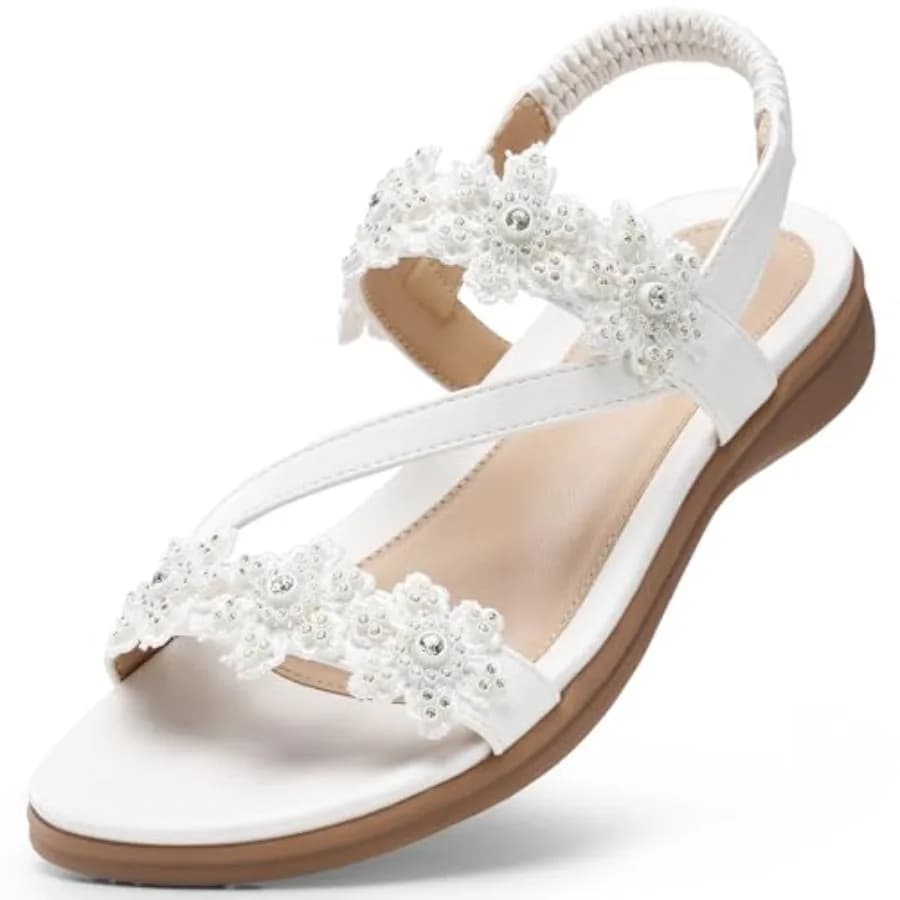 TEMOFON Sandals for Women Flat Dressy Summer Flower Sandals with Ankle Strap Comfortable Casual Walking Flat Sandals Size