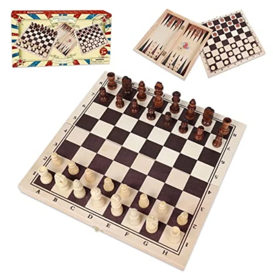 Wooden Chess, Checker, and Backgammon Board Game Set, Classic Traditional Travel Night Toy and Game Gift Set for Adults Senior