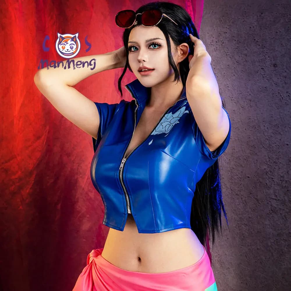 Anime OP Nico Robin Cosplay Costume Blue leather short sleeved dress sunglasses women Halloween party sexy uniform tailor-made
