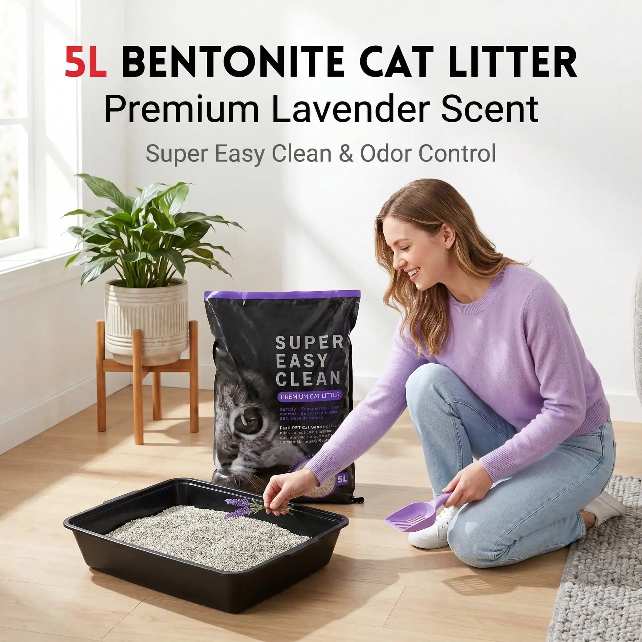 5L Lavender Scented Bentonite Cat Litter, Premium Clumping Cat Sand, Highly Absorbent & Strong Odor Control Kitty Litter, Low Dust Pet Waste Cleaning Supplies