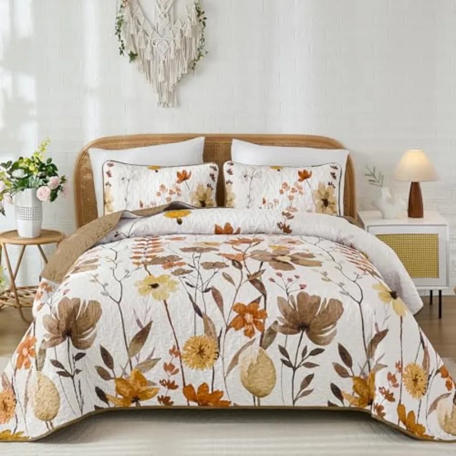Set Copriletto Floreale con 2 Federe, Coperta Leggera in Microfibra Morbida per Tutte le Stagioni 96"x90