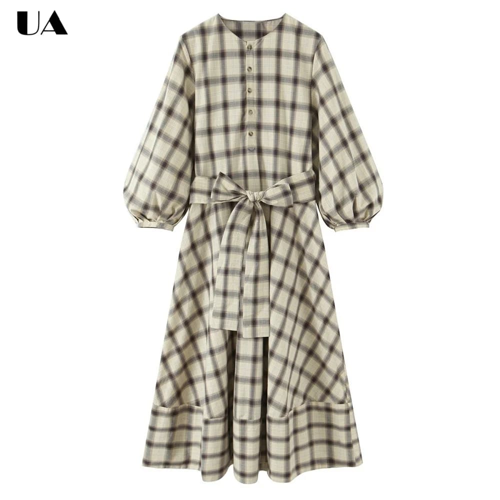 Abito midi a trapezio alla moda con scollo a O e maniche lunghe a lanterna, elegante abito lungo con cintura da donna, abito con bottoni stile vacanza