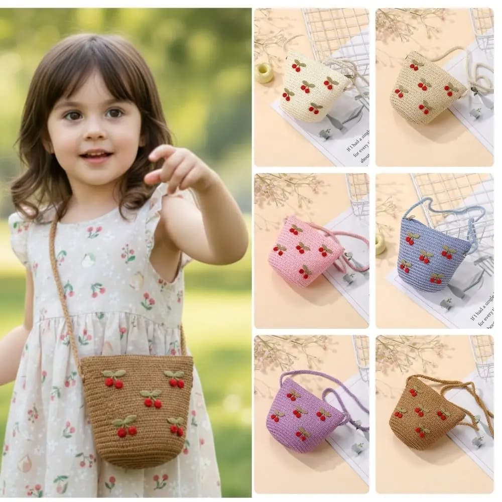 Borsa di paglia per bambini con ciliegie rosse, con cerniera, per oggetti fotografici, borse a tracolla per bambine, borsette da spiaggia per bambini