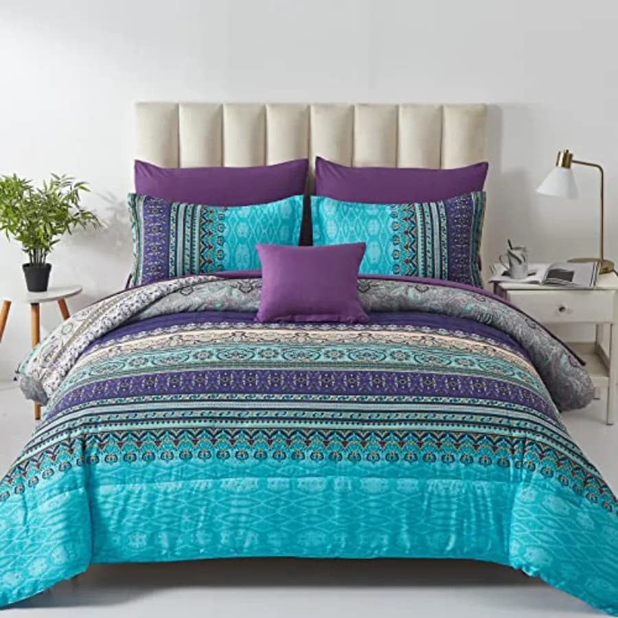 Set Copripiumino Boho 8 Pezzi, Set Letto Completo Bohemien a Righe, Set Copripiumino e Lenzuola Paisley Floreale in Morbido Microfibra