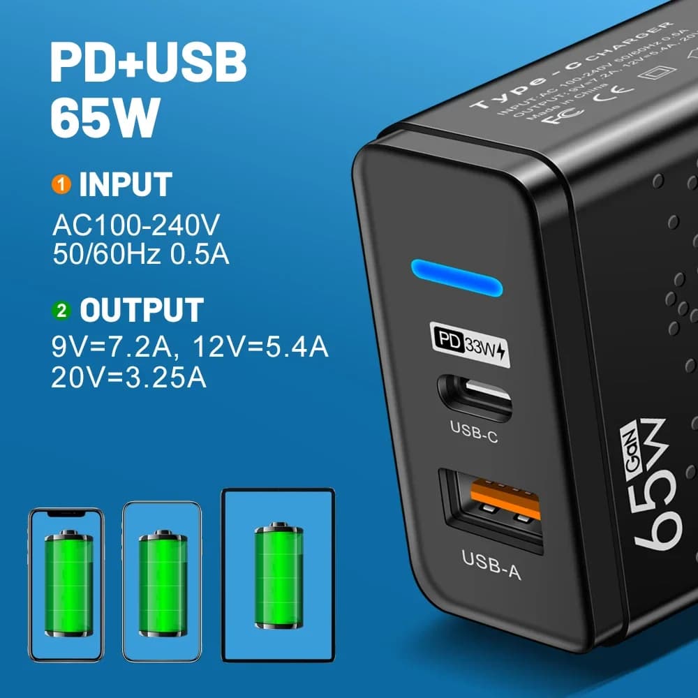 65W USB-A Type C GaN Chargers with LED Light Mobile Phones Fast Charging Travel Adapter for IPhone Samsung Xiaomi 17 Pro Max