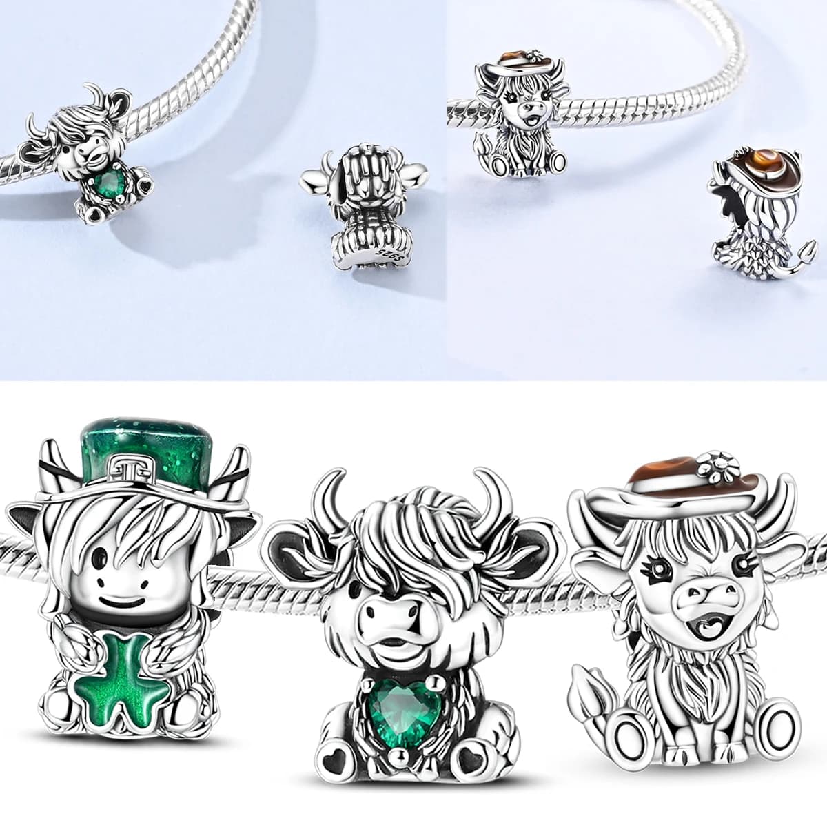 Ciondoli a forma di vitello in argento sterling 925 con zirconi CZ, adorabili pendenti a forma di vitello, adatti per braccialetti originali, gioielli fai da te, idea regalo