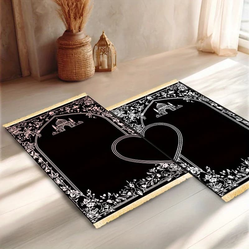 Set di Tappetini da Preghiera Islamici di Lusso VIKAMA 2PCCouple con Motivo a Cuore, Tappeto Pieghevole per Preghiera Musulmana