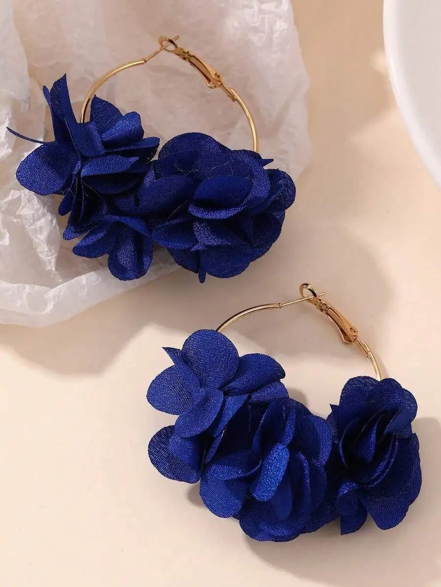 Orecchini a cerchio color oro con motivo floreale in tessuto trasparente blu royal – Elegante gioiello da festa, regalo per San Valentino, festa della mamma