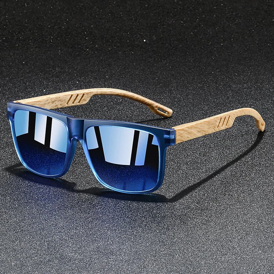 New fashionable square sunglasses: spring zipper with wood veins, UV400 unisex for driving, hiking and travel