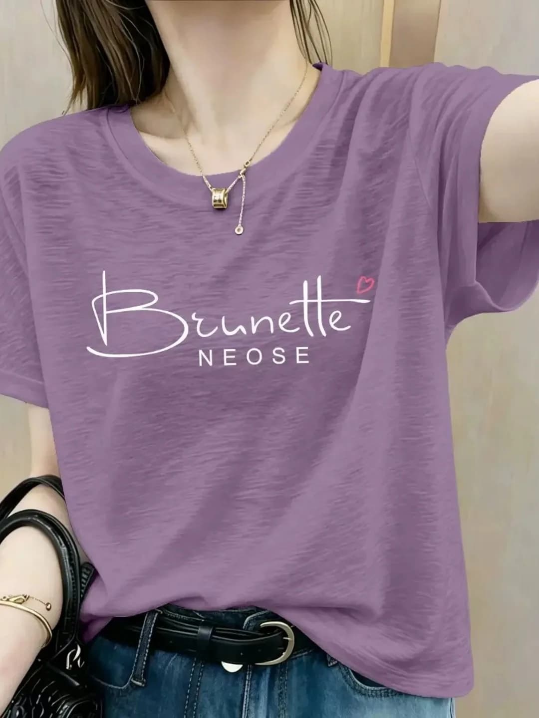 plus Size Women's Purple Short Sleeve T-Shirt Shoulder Width Regular Fit Summer Fashion Loose Top Korean Style Commute Wind