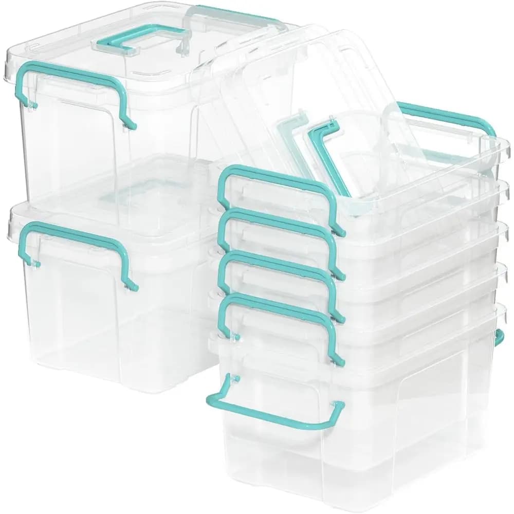 Set of 7 Small Containers for Organization, Plastic Impilable Boxes with Covers and Handles, Transparent Containers Suitable for Various Uses