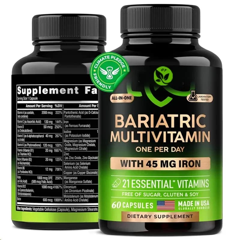 45 milligrams of complex vitamin and iron supplement, suitable for men and women, with 21 essential vitamins and 60 capsules