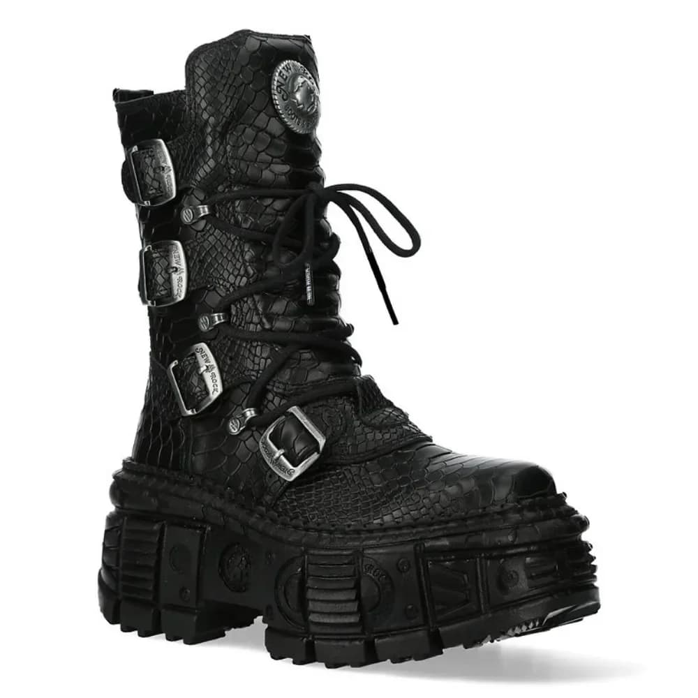 Men's Fashion Snake Pattern Genuine Leather Motorcycle Boots Goth Punk New Mid-calf Western Boots Metallic Platform Rock Boots