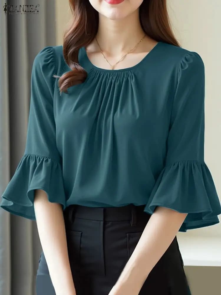 ZANZEA Summer Women's Shirt Office Elegant Women's Shirt Or Collar Sleeve 3/4 Blusas Elegant Solid OL Work T-shirts and T-shirts Femme Mujer 2025