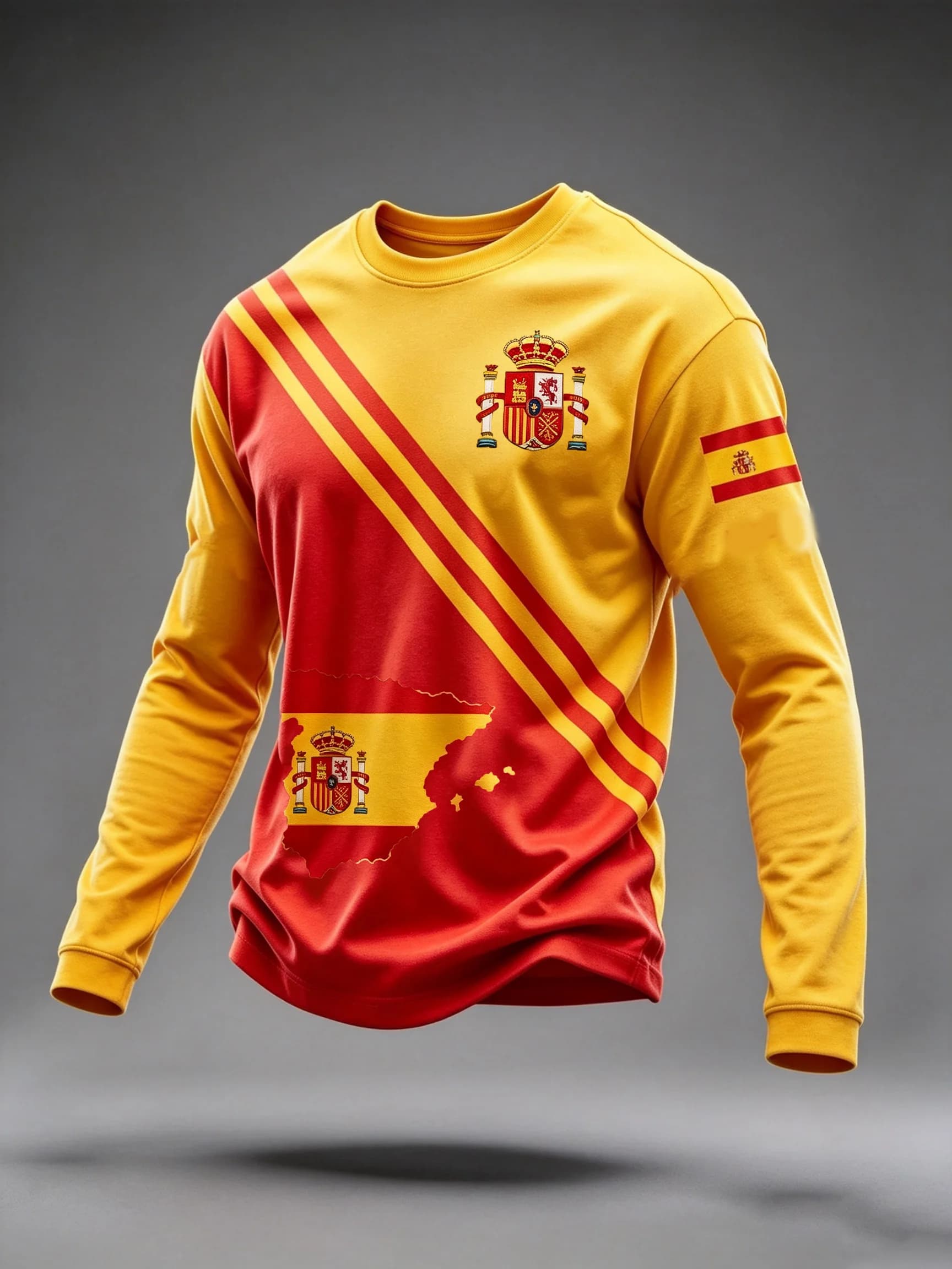 Unisex 3D Printed Spain National Long Sleeve Top, Red Yellow Stripe Casual Football Training Jersey