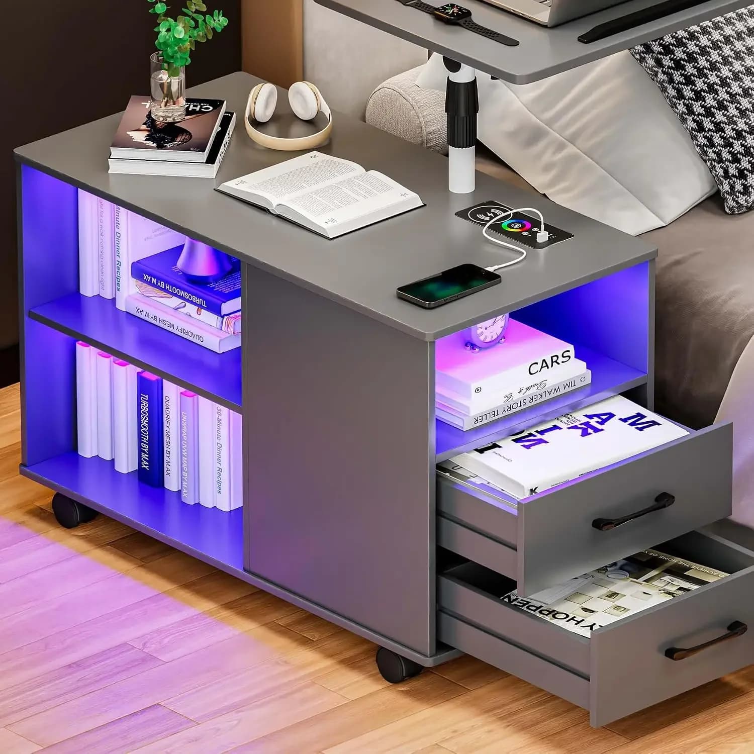 Height Adjustable Nightstand with Laptop Tray, LED Bedside Tables with Charging Station, Modern Night Stand Side Table with Huma