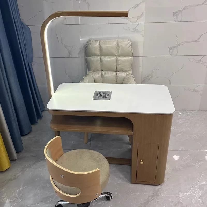 Arredamento per Salone di Manicure, Moderna Sedia e Scrivania per Nail Salon, Lussuoso Tavolo per Unghie con Piano in Marmo Bianco e Lampada