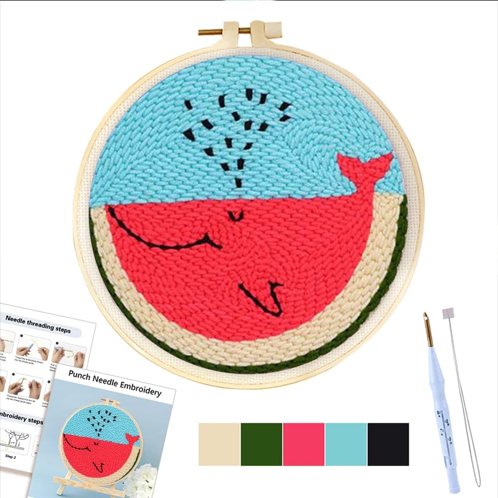 RUOPOTY Magic Needle For Embroidery Punch Needle Kit Watermelon Whale Easy Embroidery Needlework Wool Beginner Embroidery Kitr H