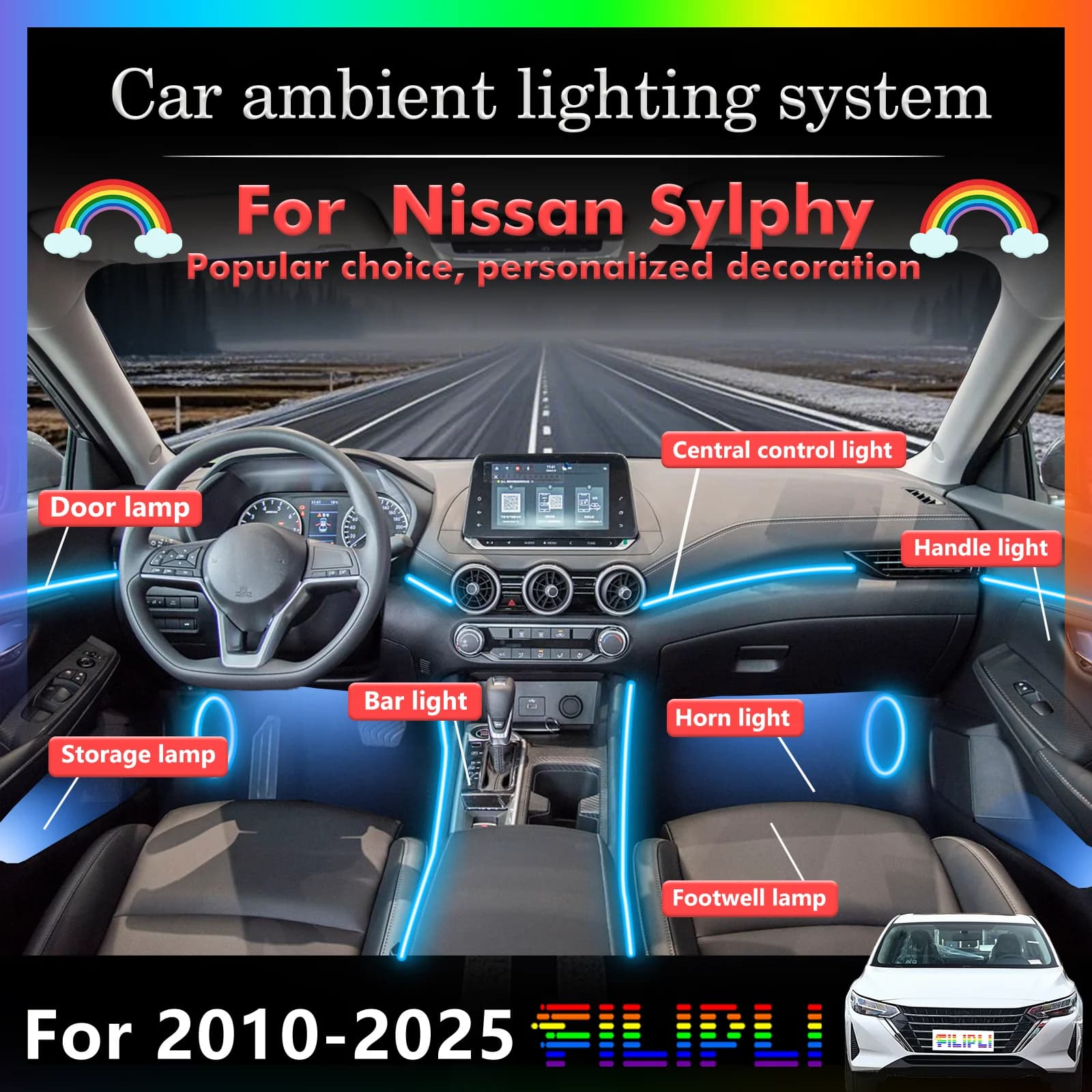 Kit 22 in 1 for Nissan Sylphy B16 B17 B18 B19, LED Ambient Lights for Auto, Colored Atmospheric Lighting, Neon Strips for Interior Cars, 64 RGB Lights