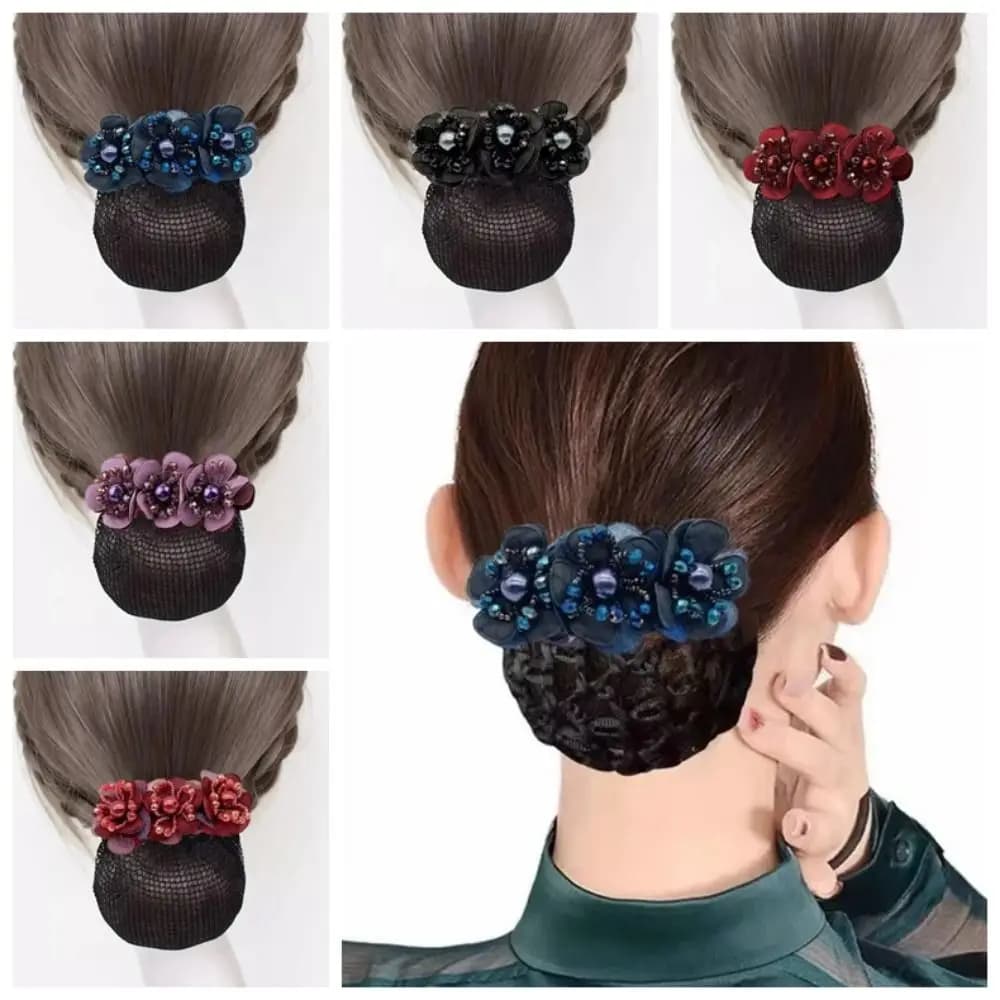 Cloth Hair Bun Net Korean Style Elastic Hair Net Spring Hair Clip Spring Clamp Pearl Flower Decor Office Hair Flower