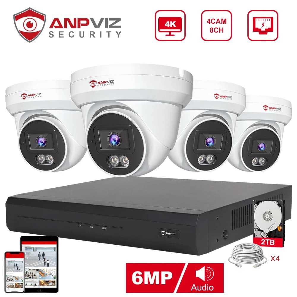 Anpviz 8CH PoE Sistema di telecamere di sicurezza con rilevamento di persone/veicoli Al 4 telecamere IP PoE da 6 MP Kit di videosorveglianza di sicurezza