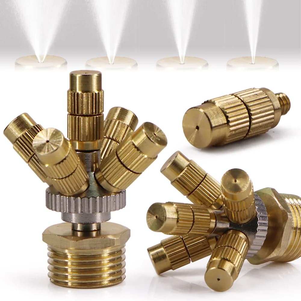 Ugello nebulizzatore in ottone regolabile a 5 teste con base adattatore, atomizzatore da 0,2-0,8 mm per raffreddamento e umidificazione di giardini e cortili esterni