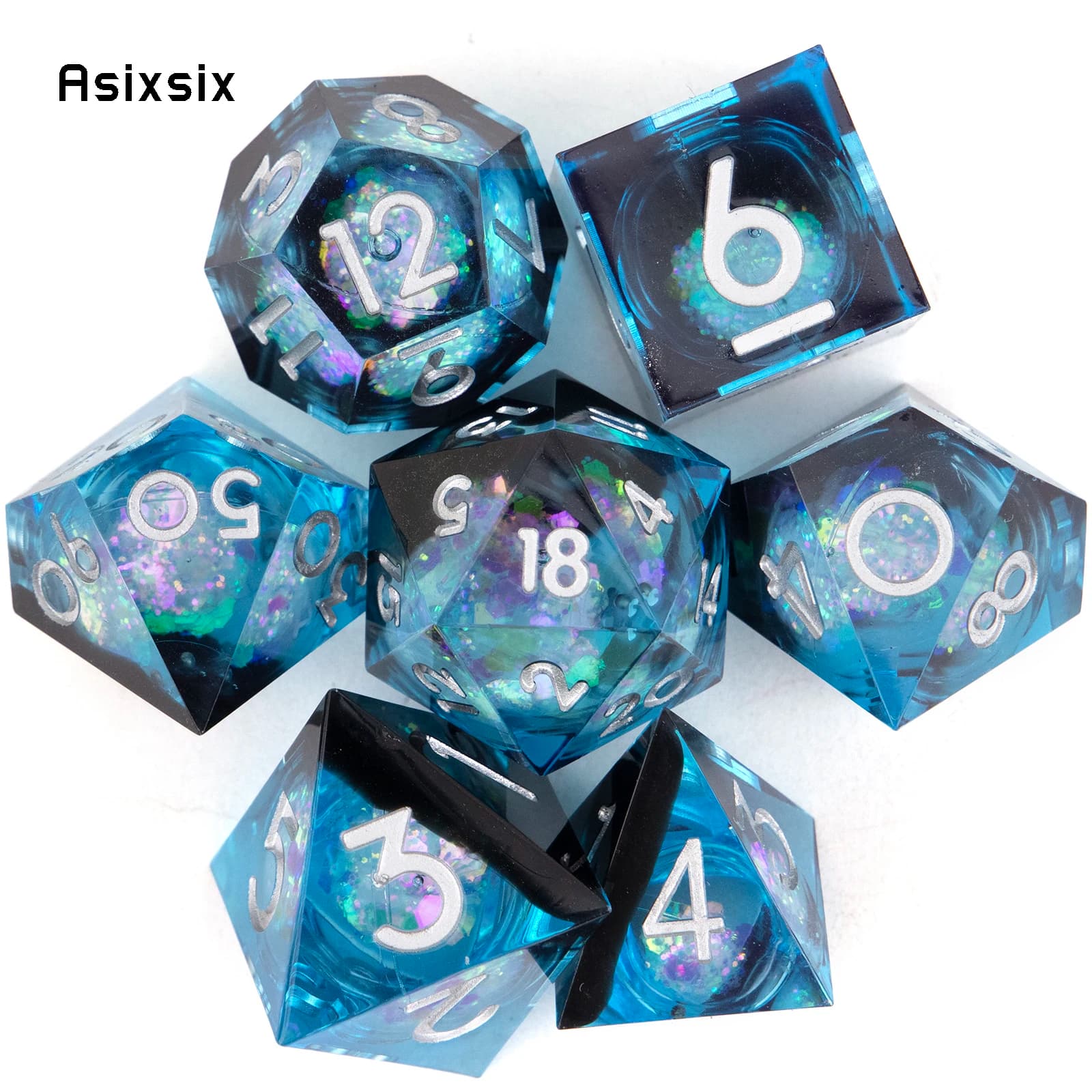 Set di 7 Dadi Poliedrici in Resina con Sabbia Fluida Blu e Numeri Bianchi, Bordi Affilati, Adatti per Giochi di Ruolo e da Tavolo