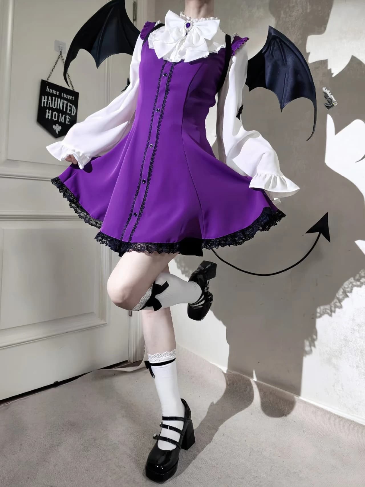 Abito Gotico Lolita Giapponese Y2K Viola, Set Estetica Jirai Kei, Vestito Vintage a Maniche Lunghe con Pizzo e Gonna Svasata, Elegante Abito da Festa per Donne