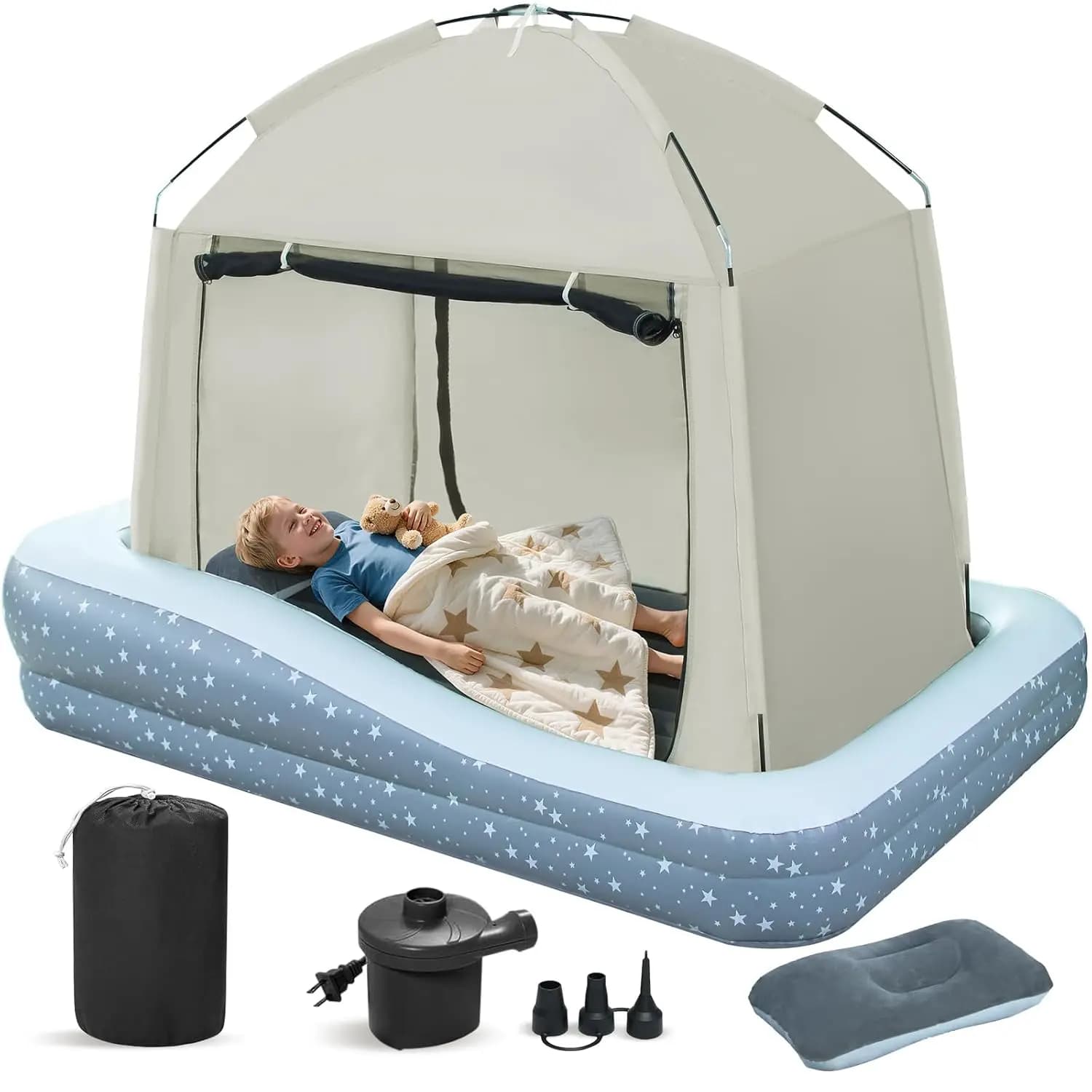 Lettino da Viaggio Portatile per Bambini con Tenda e Pompa - Materasso ad Aria Gonfiabile Rapido per Campeggio, Spiaggia e Uso Interno