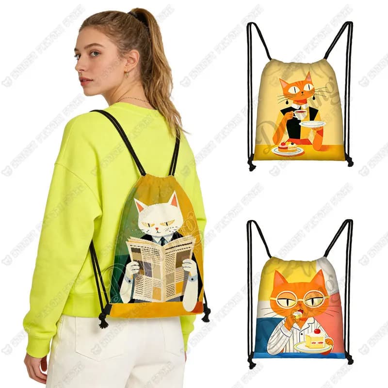 Cat Having Coffee/ Reading Newspapers Backpack Cat Playing with Phone Drawstring Bag Large Capacity Storage Bag Shoes Holder