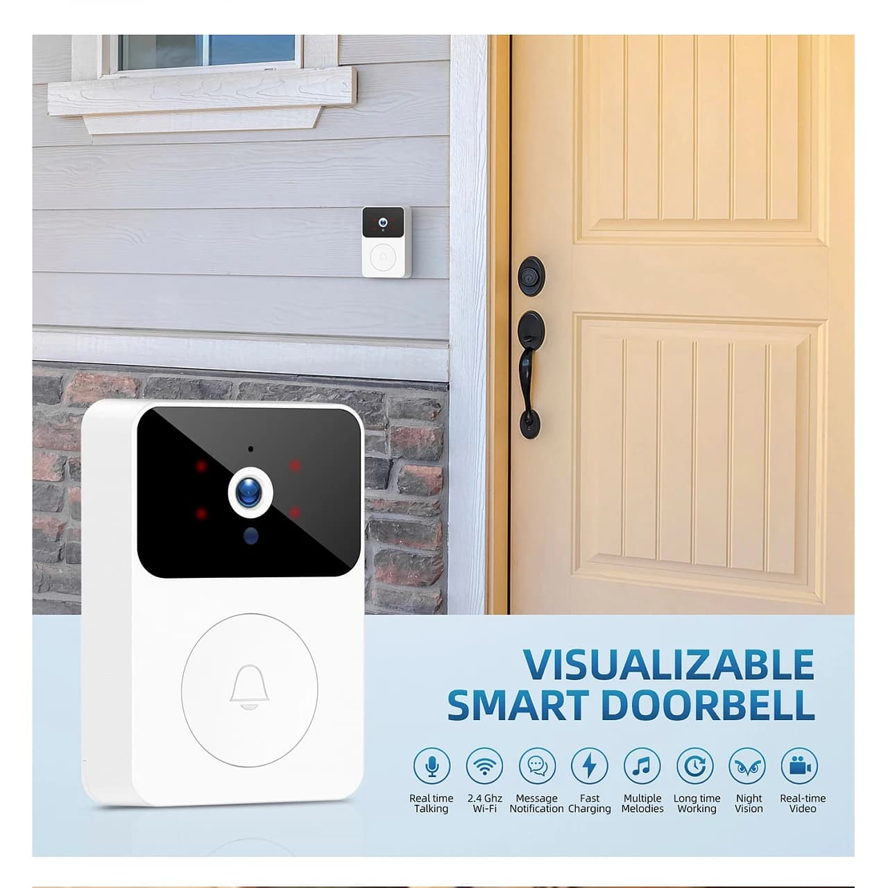 Campanello video intelligente wireless, telecamera di sicurezza domestica WiFi 2.4G, audio bidirezionale, visione notturna, batteria, monitoraggio domestico sicuro