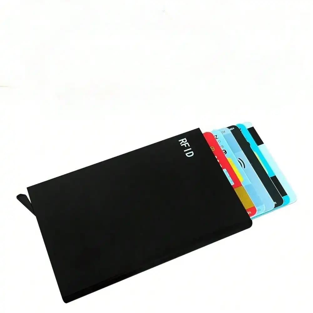Portacarte RFID da uomo, portafoglio sottile in alluminio con apertura a scatto, contiene 6 carte, design minimalista nero