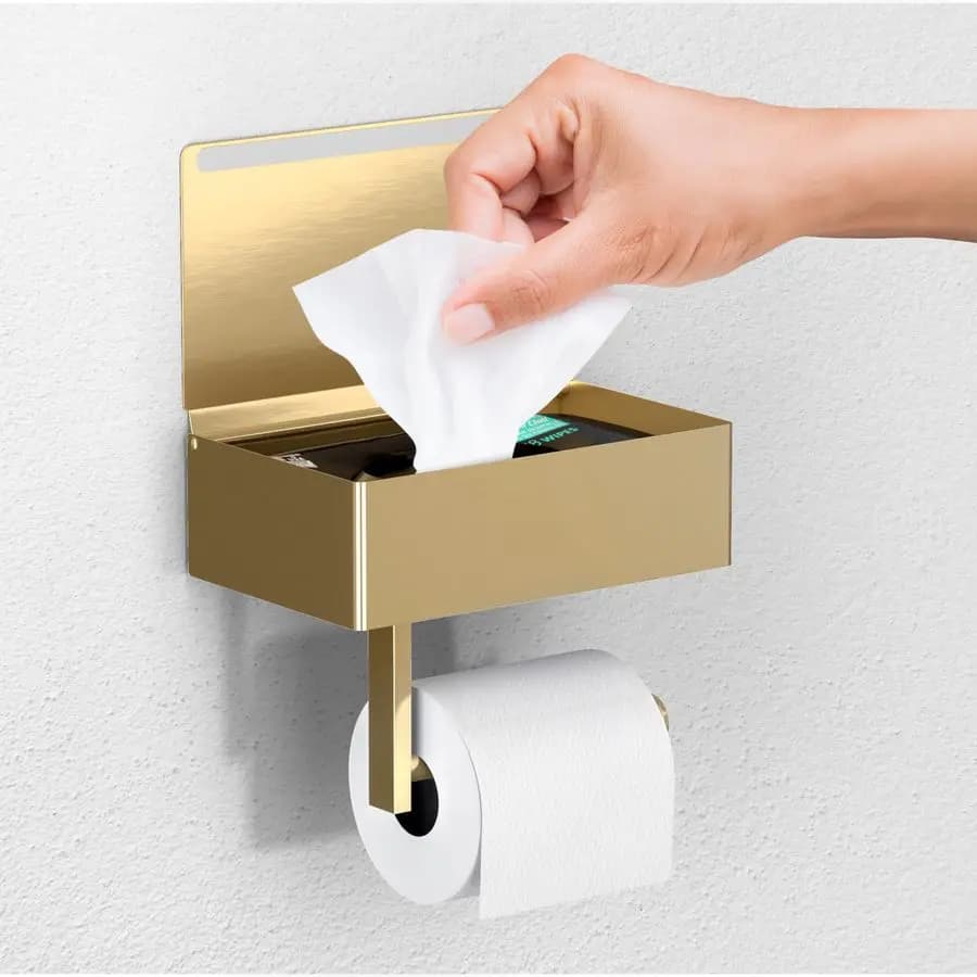 Portarotolo per Carta Igienica Moon Brushed Gold con Mensola, Dispenser per Salviette Umidificate, Porta Carta Igienica e Salviette