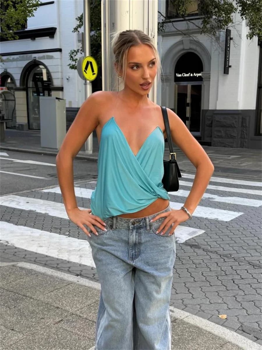 Top Senza Schienale da Donna con Design Unico e Accattivante, Sexy, con Incroci e Arricciature, Patchwork, Senza Maniche, Elasticizzato, Stile Trendy e Audace, per Serate in Discoteca e Street Style Notturno