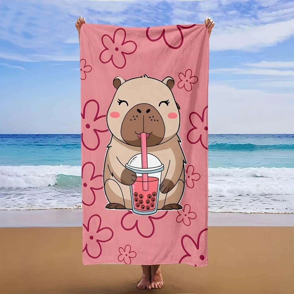 Asciugamano da spiaggia con motivo Capibara Cartoon Bubble Tea, assorbente e ad asciugatura rapida, ideale per nuoto, fitness, yoga, viaggi, campeggio