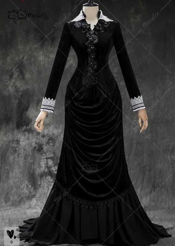 MEOWCOS Women's Gothic Black Vintage Velvet Bustle Top Skirt Set Dark Style Long Sleeve Top and Long Skirt Cosplay Costumes