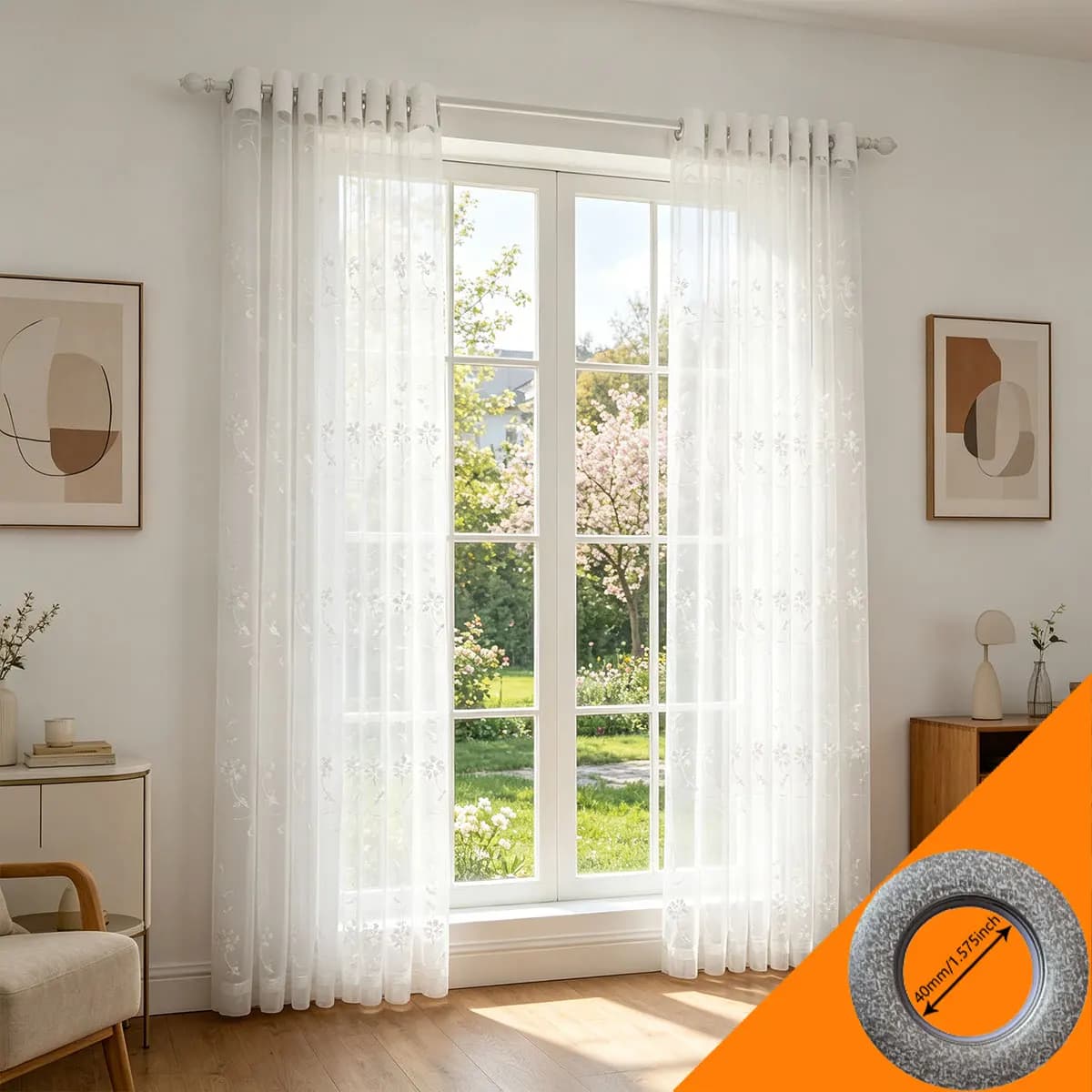 2 Pezzi di Tende Trasparenti con Ricami Floreali Bianchi in Stile Francese, Drappeggi in Voile per Soggiorno e Camera da Letto