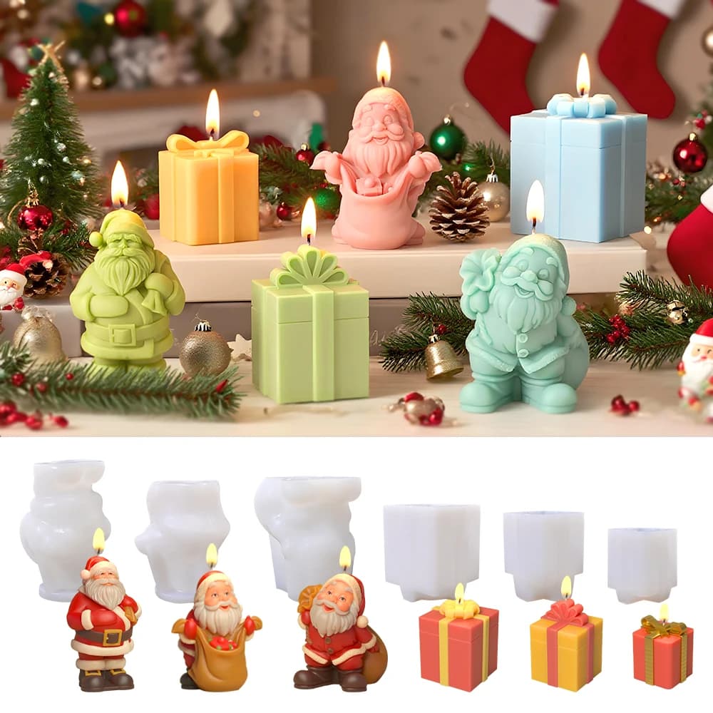 LZ107 Stampo in silicone per candela di Babbo Natale 3D Confezione regalo di Natale fatta a mano Stampo per cera leggera Decorazioni in gesso per la casa