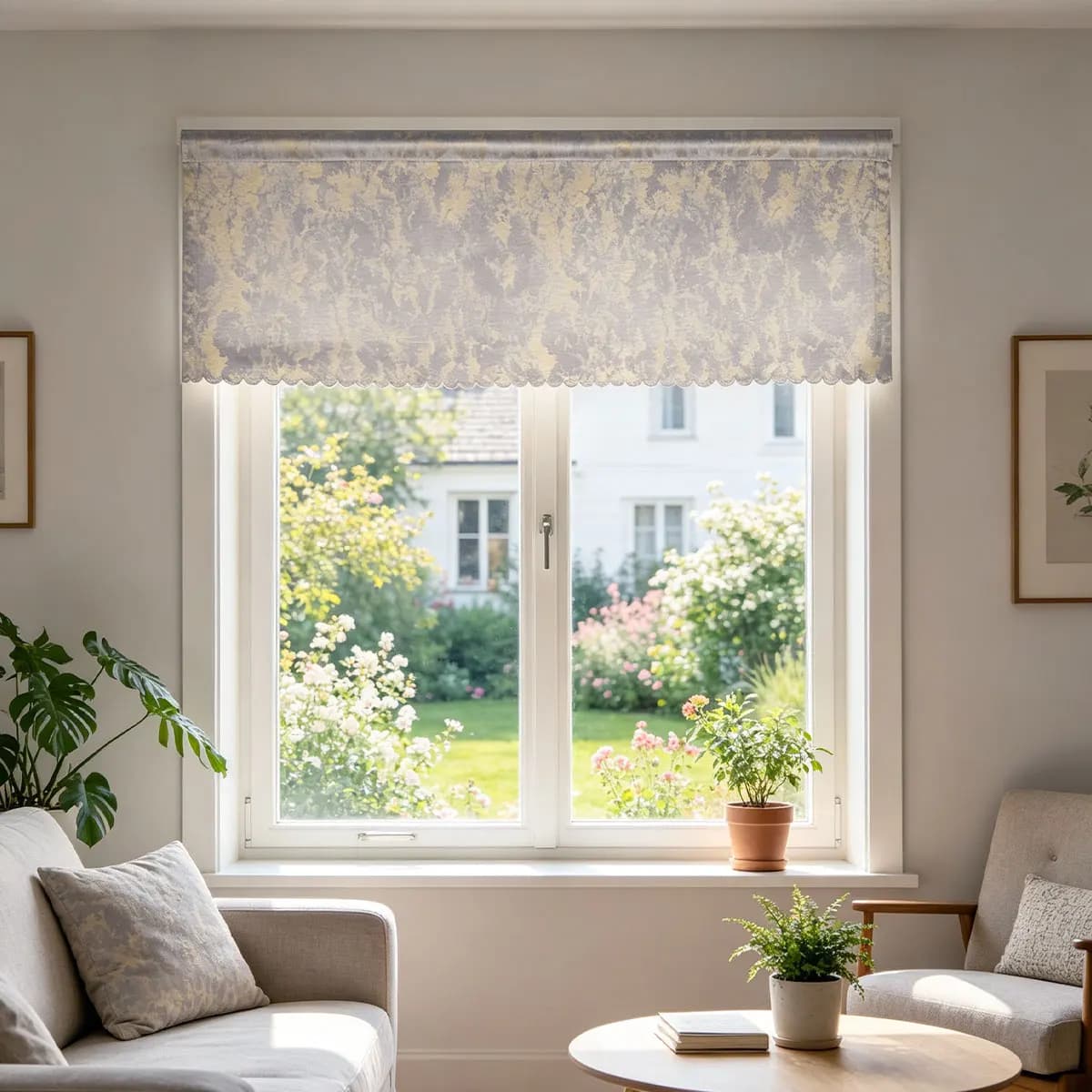 Tenda Corta di Lusso Grigio Chiaro con Motivo Jacquard Dorato e Bordo Smerlato