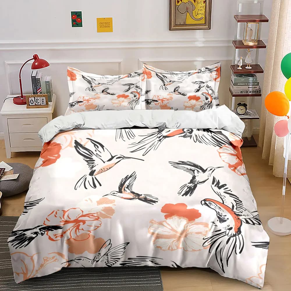 Set di biancheria da letto con stampa di uccelli artistici con motivi floreali, 1 copripiumino, 2 federe per adulti e bambini, regalo di lusso, misura completa